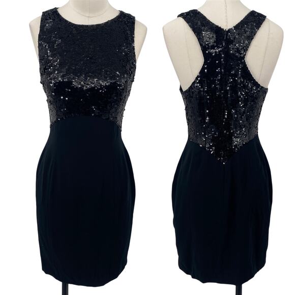 Vintage 90s Sequin Bodice Mini Dress Racerback Empire Waist High Neck Black XS - Picture 1 of 9